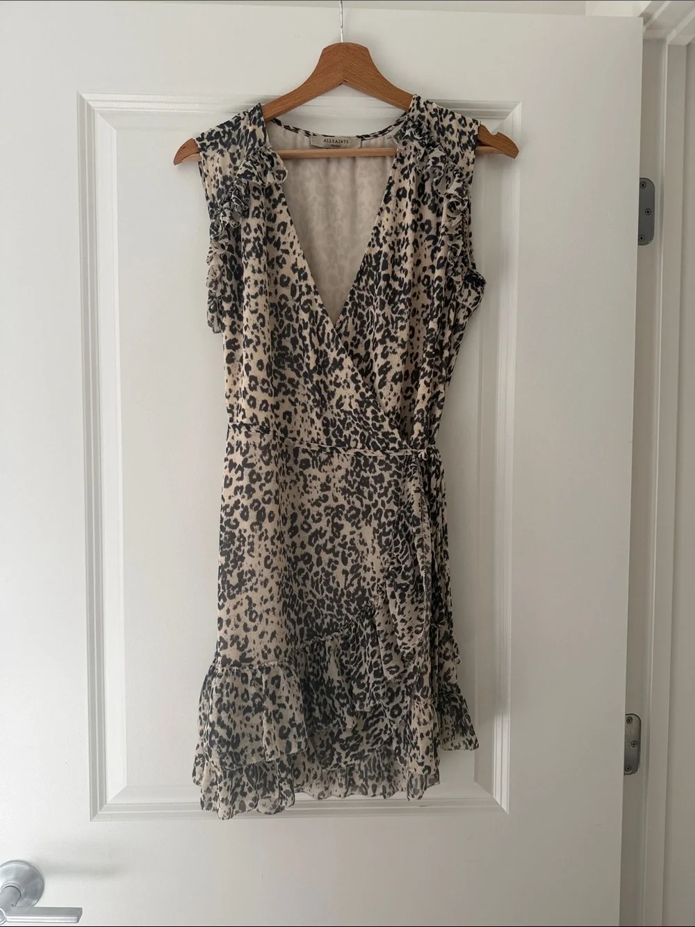 All Saints Beige & Black Leopard Wrap Mini Dress